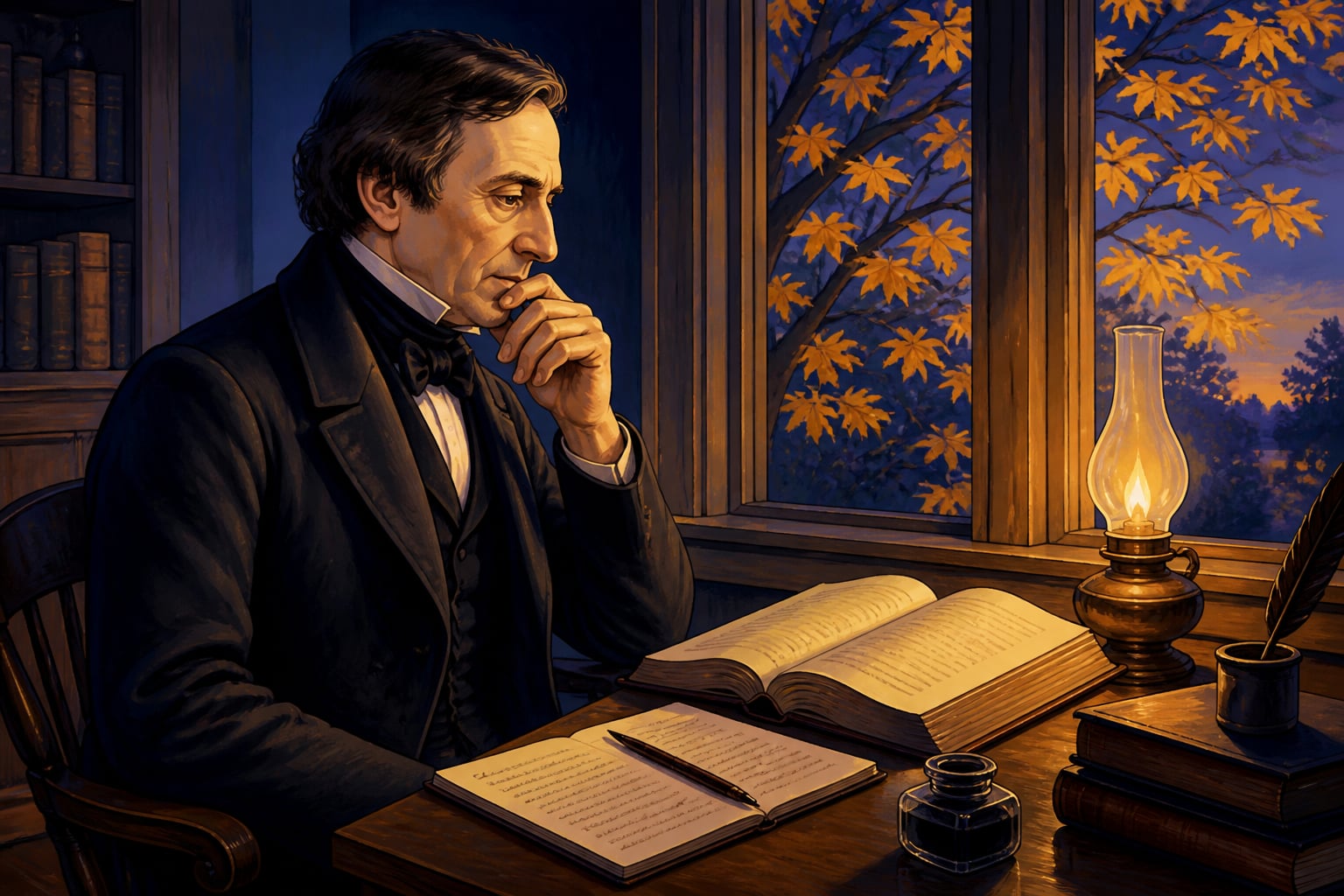 Emerson reading the Gita in his Concord study at evening