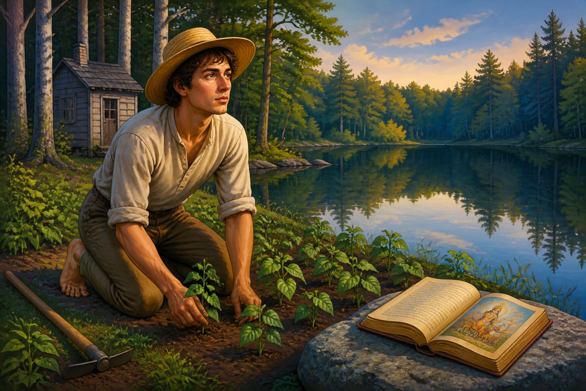 Thoreau among bean shoots beside Walden Pond