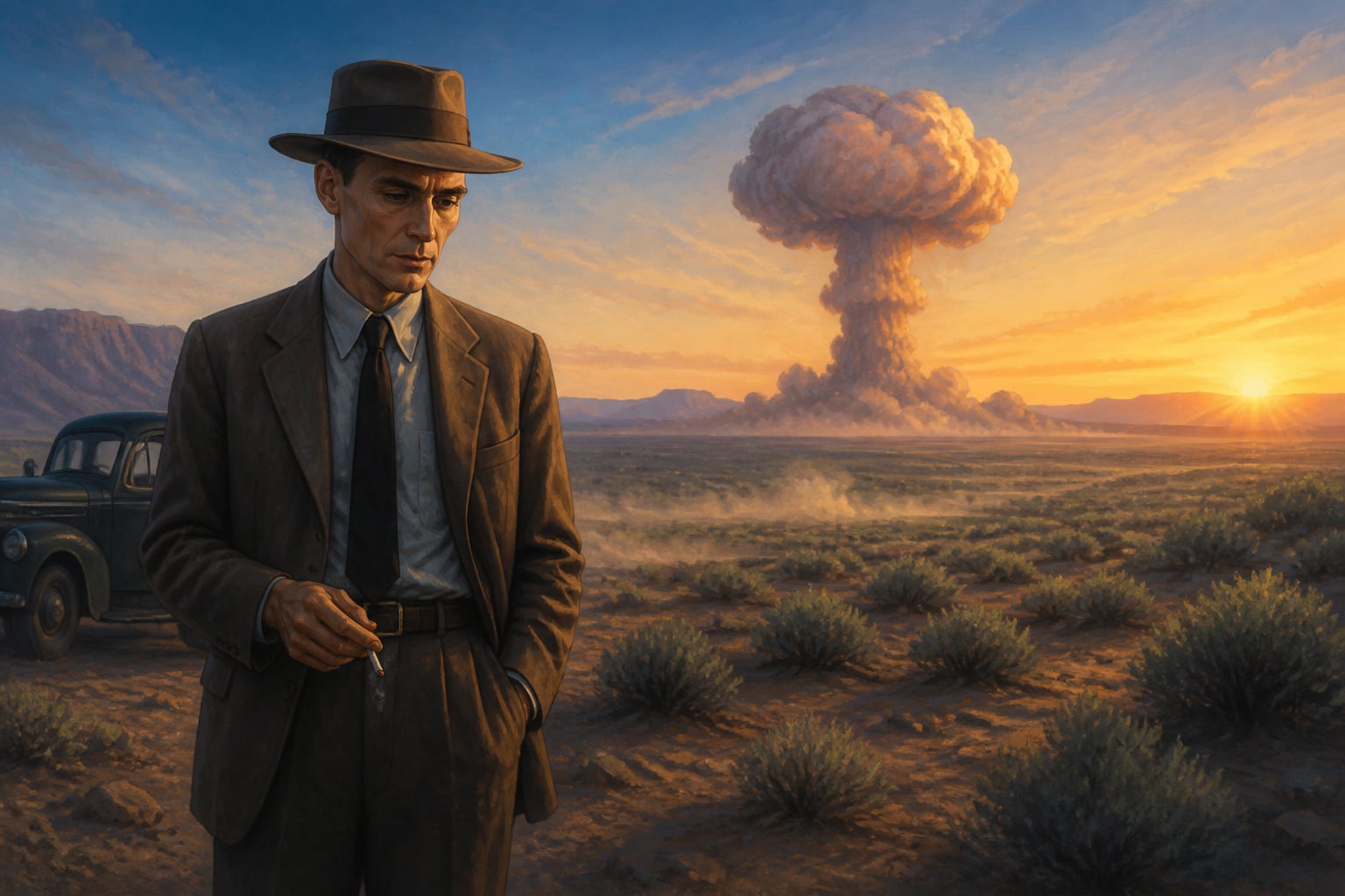 Oppenheimer at the edge of the Trinity desert after dawn