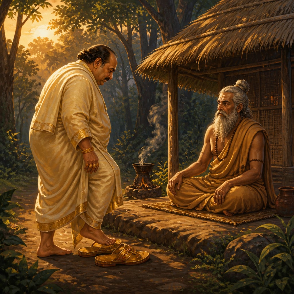 Shaunaka approaching the rishi Angiras at his forest ashram