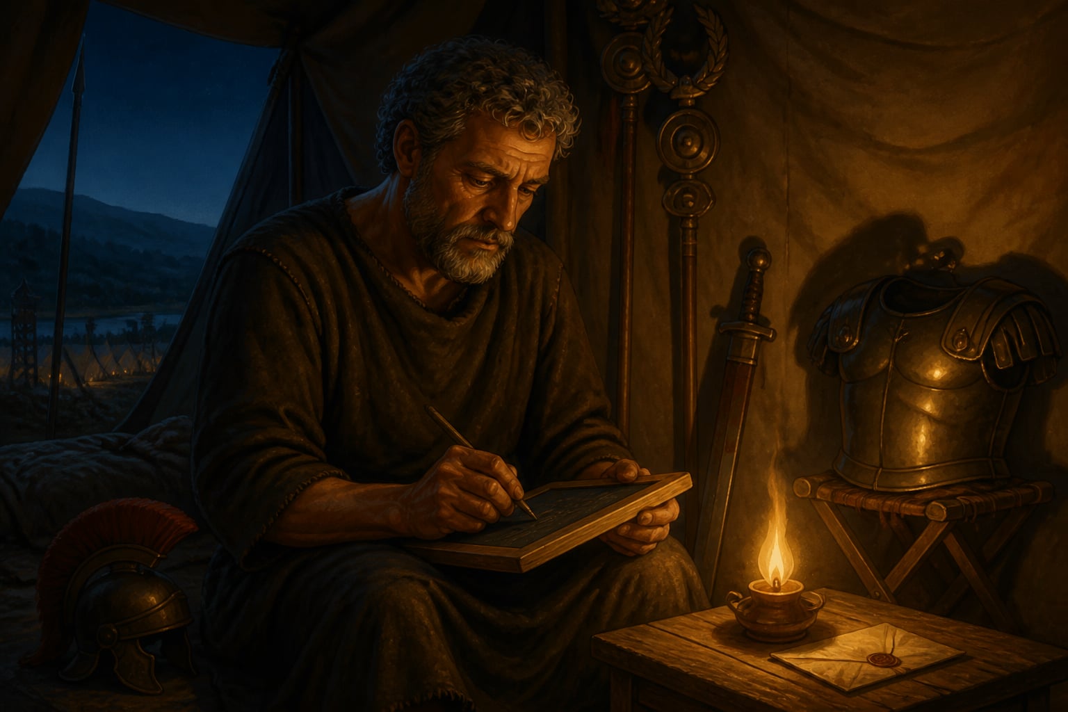 Marcus Aurelius writing in his war tent on the Danube