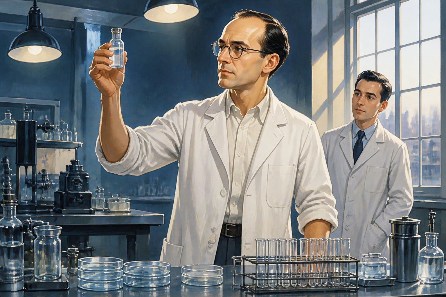 Jonas Salk holding the polio vaccine vial in his lab