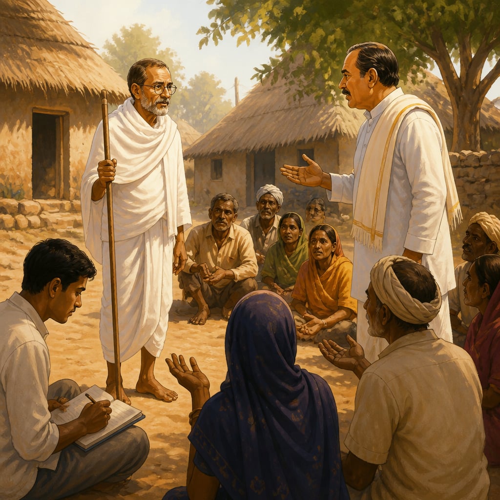 Vinoba Bhave standing in the Pochampally village courtyard