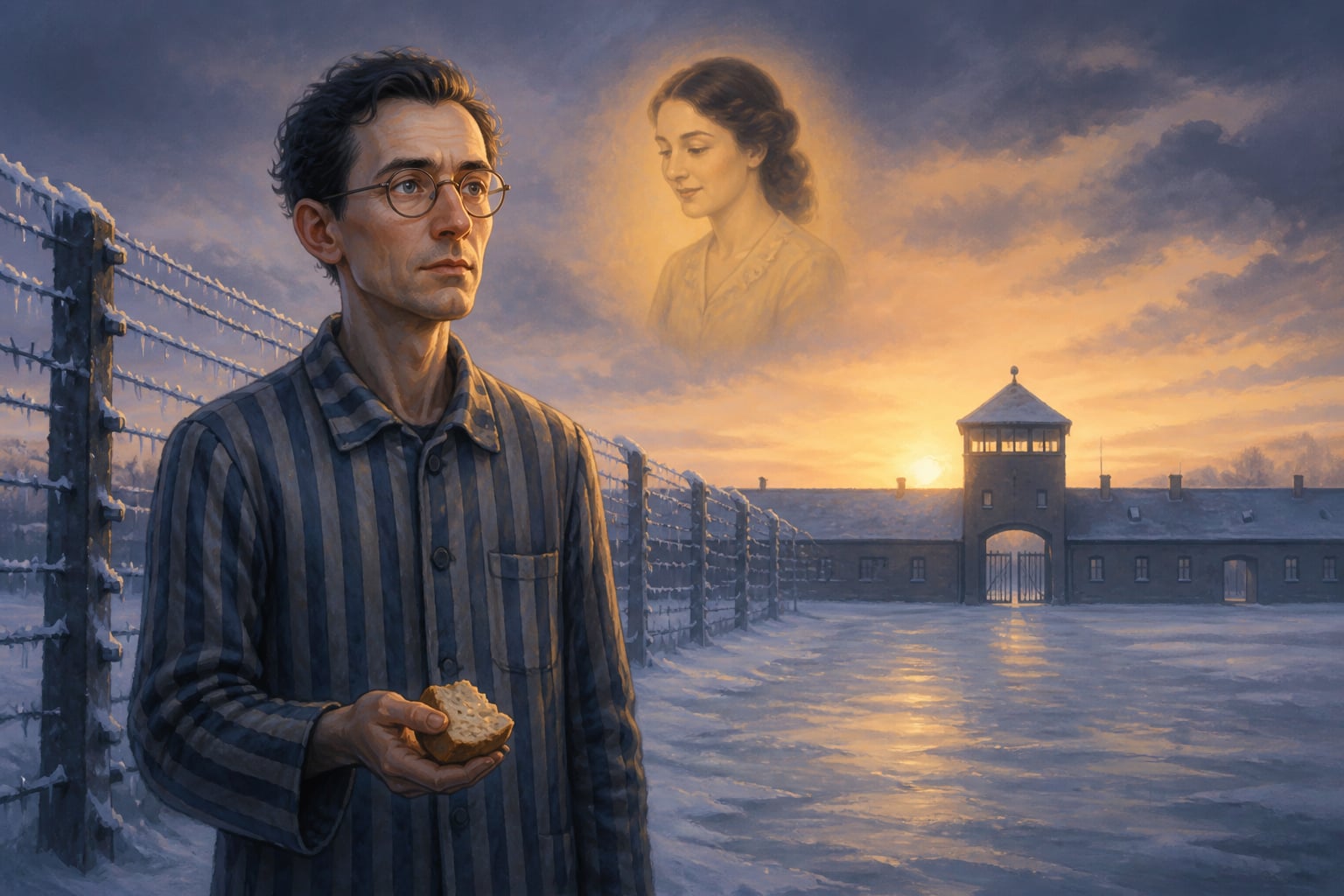 Viktor Frankl at dawn in an Auschwitz roll-call square