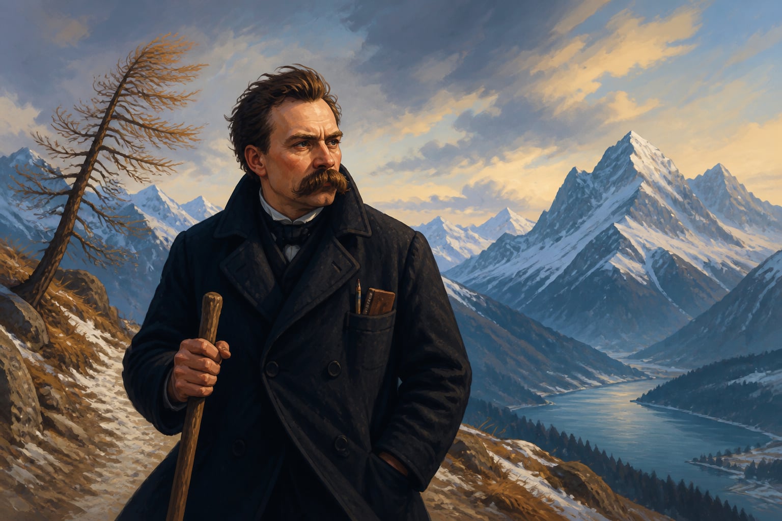Nietzsche walking alone in the Swiss Alps at late afternoon