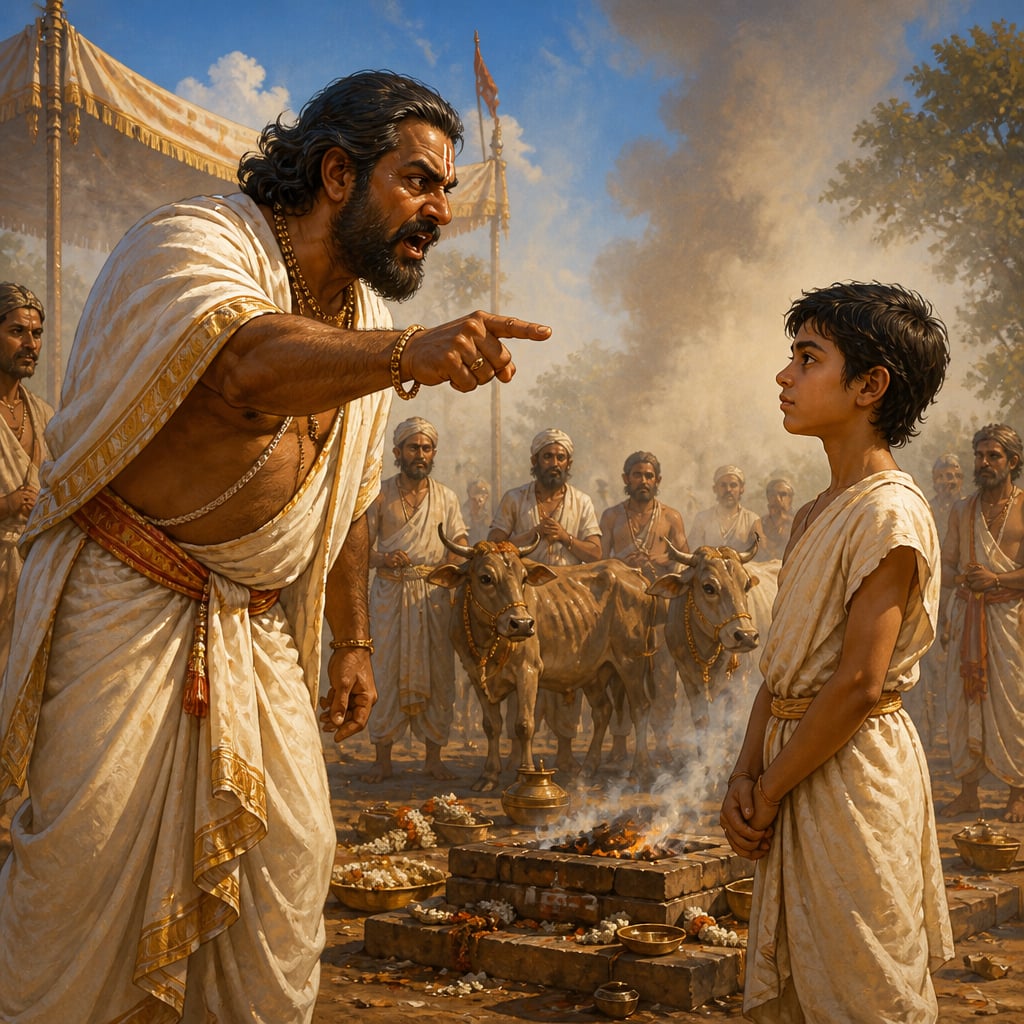 Vajashravas shouting at his young son Nachiketa at the sacrifice