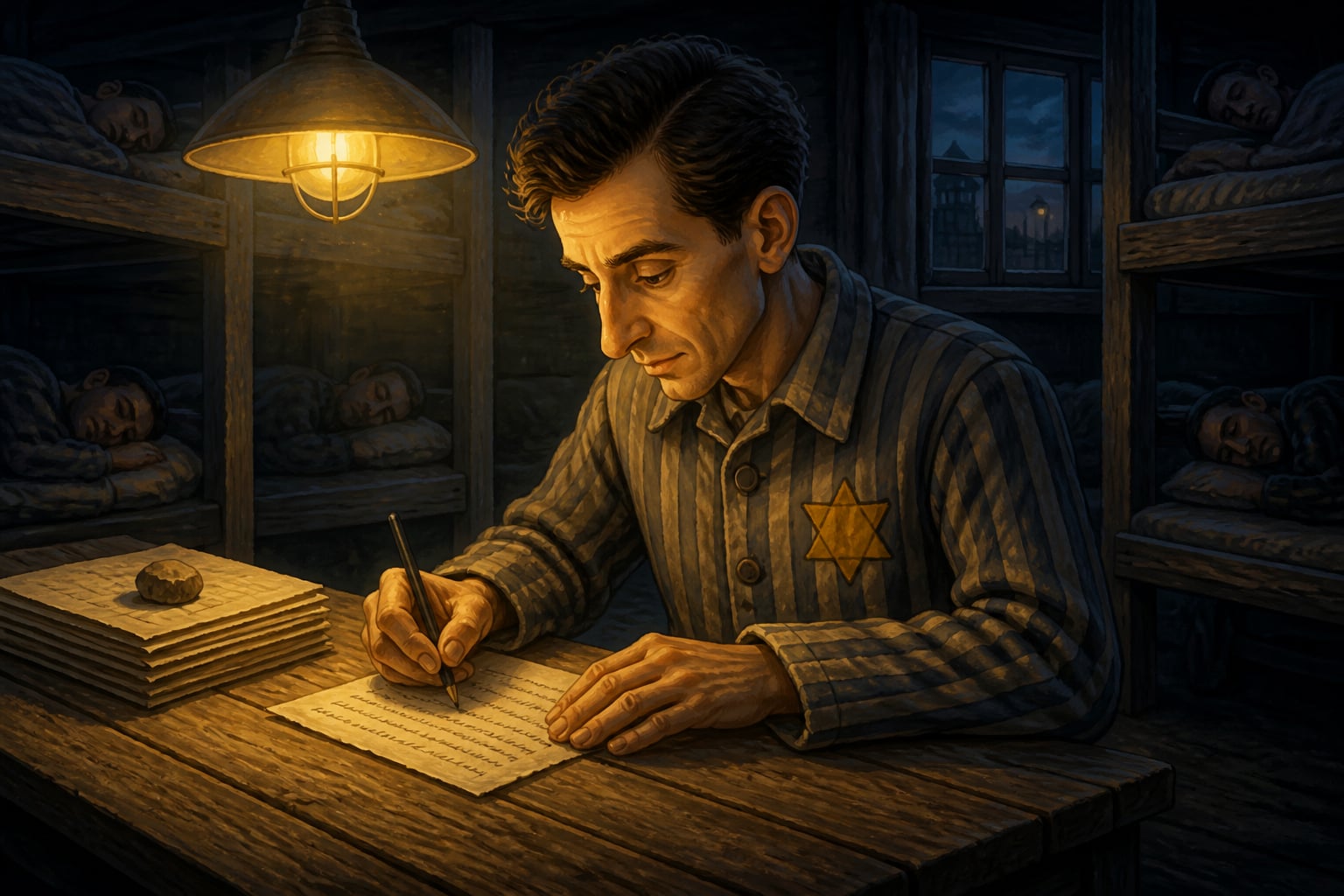 Levinas writing in a POW barracks at evening