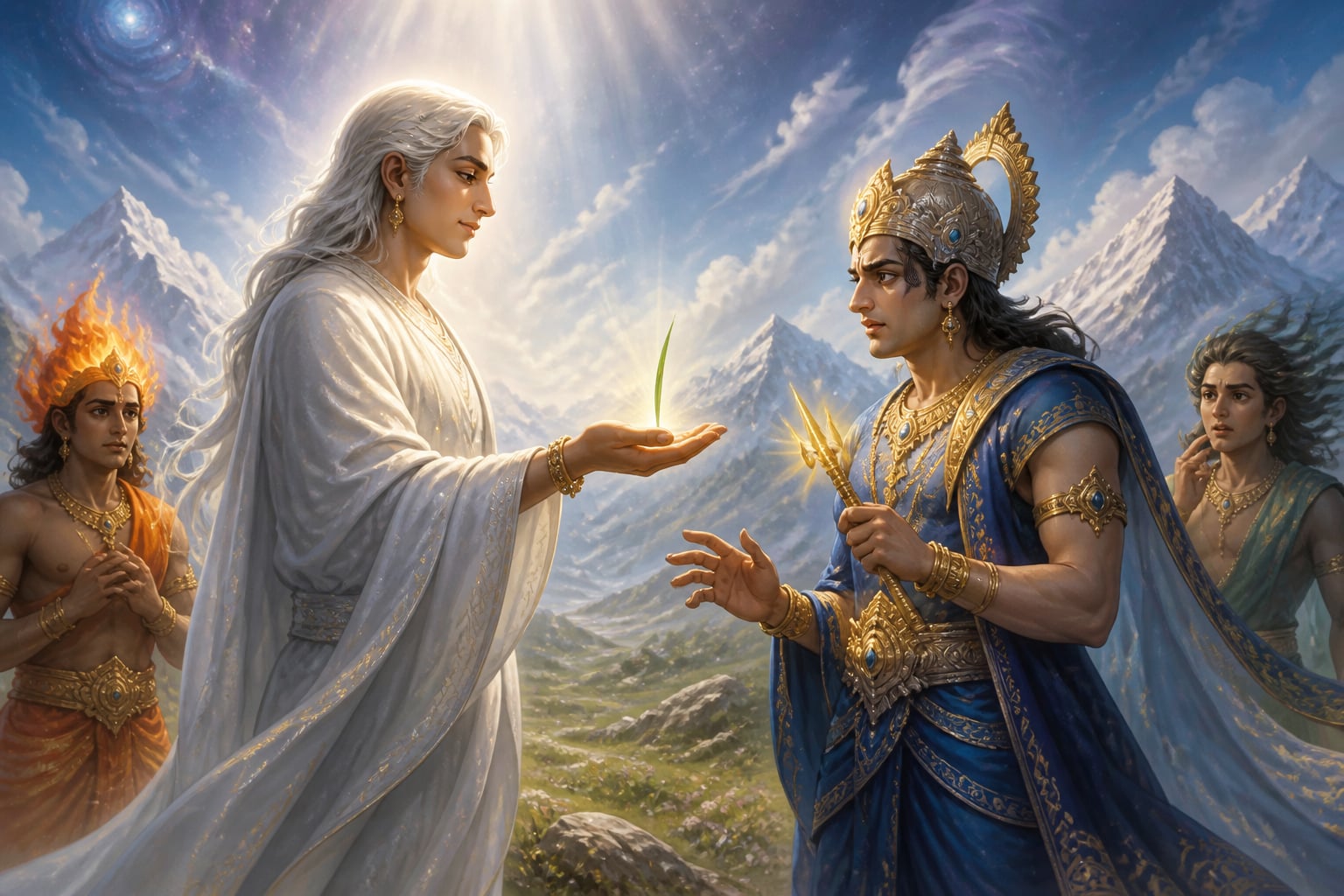 Yaksha holding a grass blade before a humbled Indra in a mountain meadow