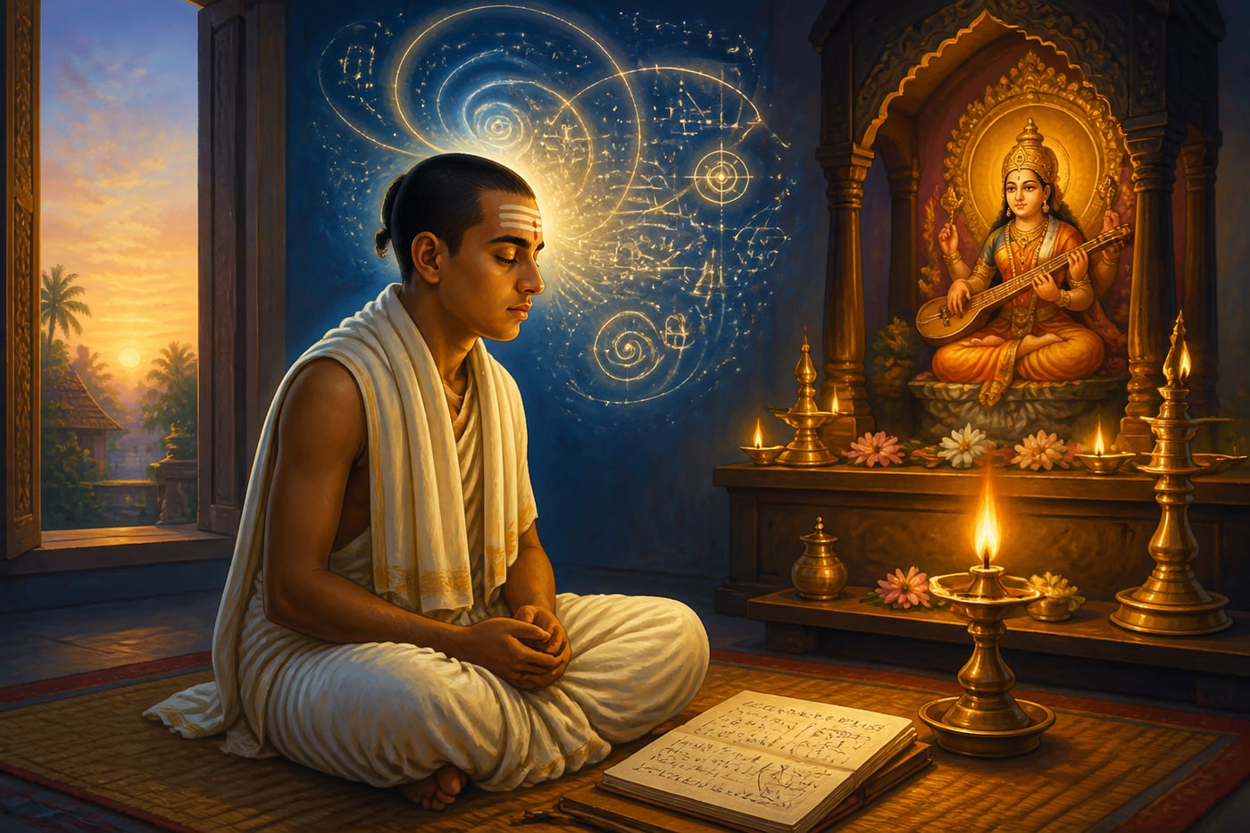 Ramanujan receiving mathematical insight before the shrine of Namagiri at dawn