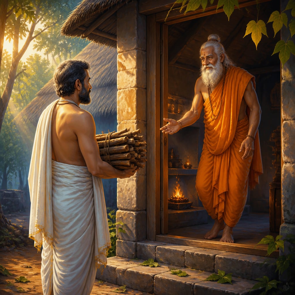 Shaunaka arriving at a forest hermitage carrying firewood at dawn