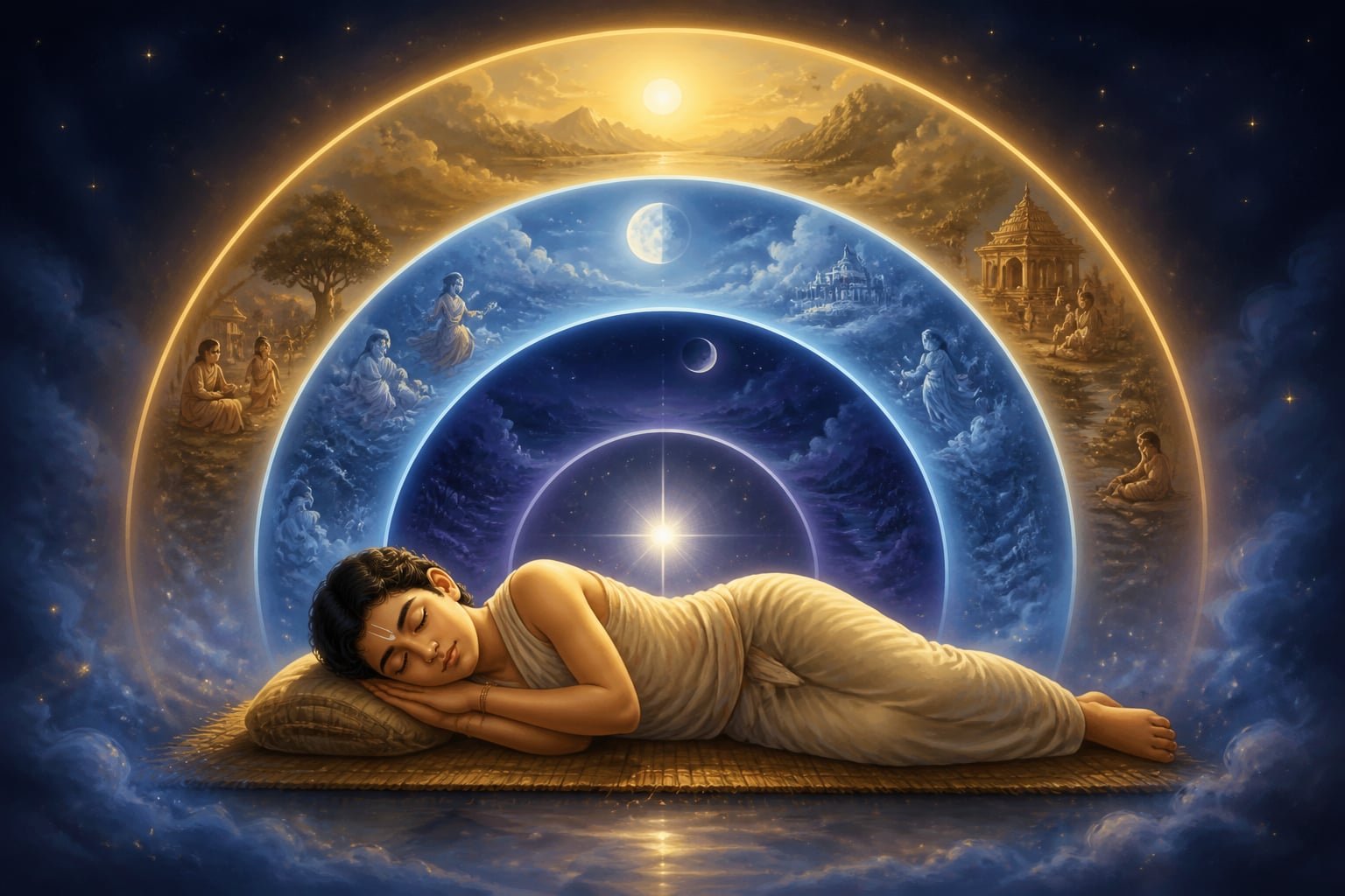 Four concentric halos of consciousness around a sleeping figure