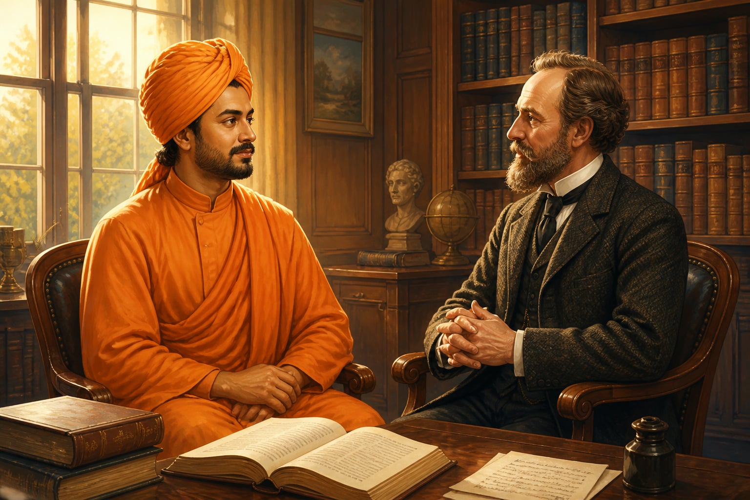 Swami Vivekananda in dignified conversation with William James in Cambridge