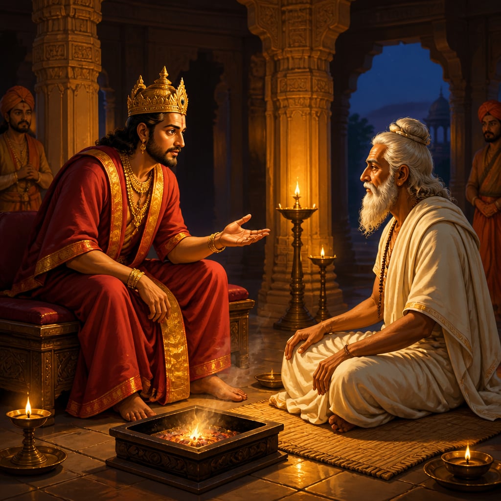 King Janaka stopping the sage Yajnavalkya in a torchlit hall in Mithila