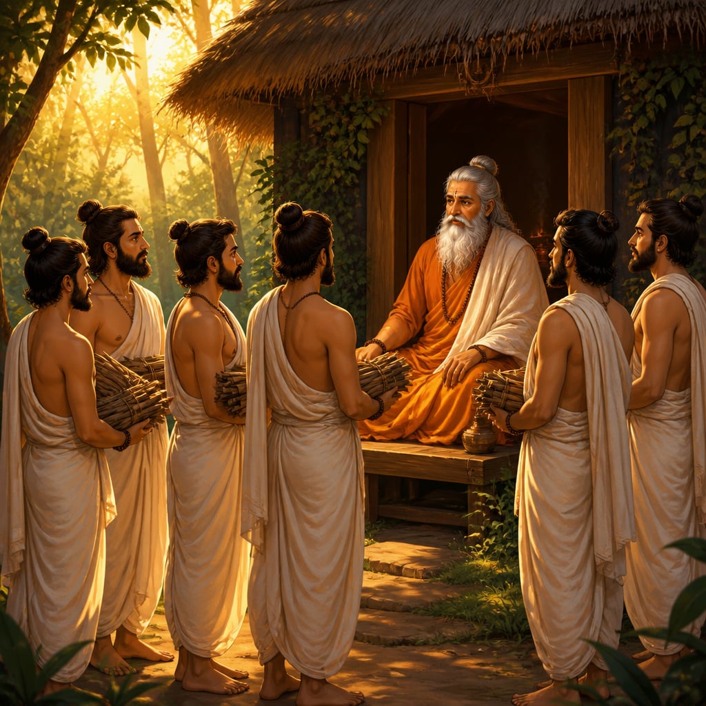 Six seekers arriving at the rishi Pippalada's hermitage with firewood
