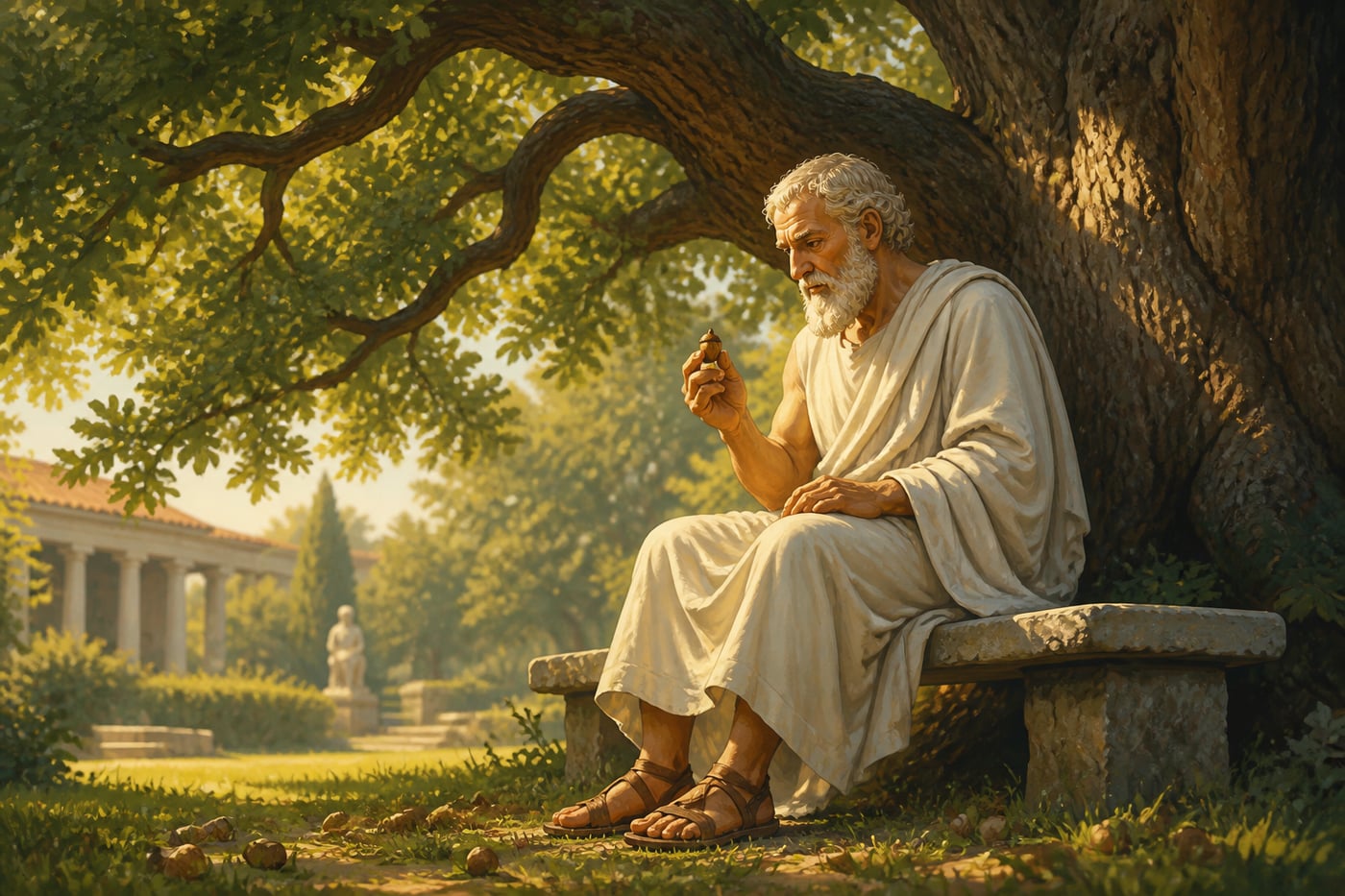 Aristotle contemplating an acorn beneath an ancient oak at the Lyceum