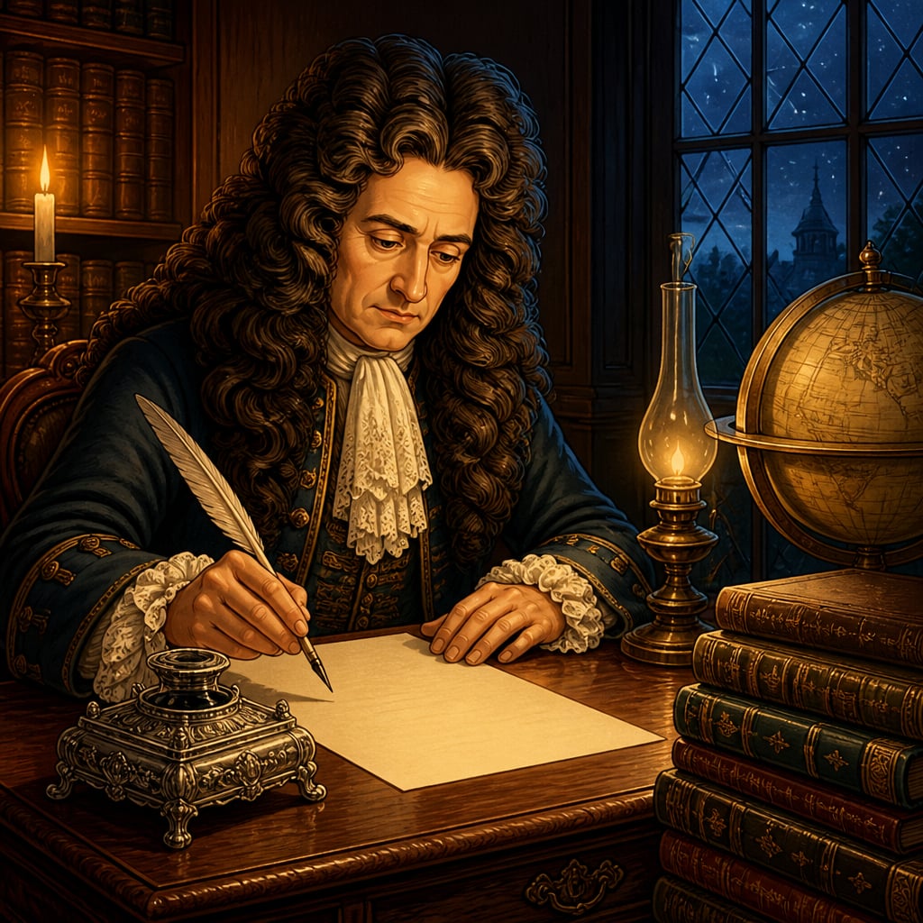 The aged philosopher Leibniz writing by candlelight in Hanover in 1714