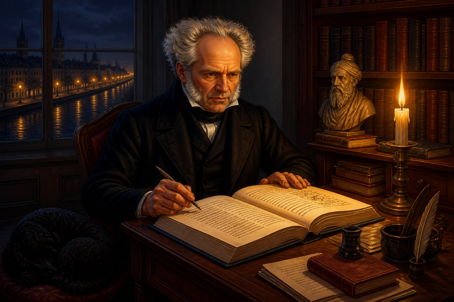Schopenhauer reading the Latin Oupnek'hat in his Frankfurt apartment