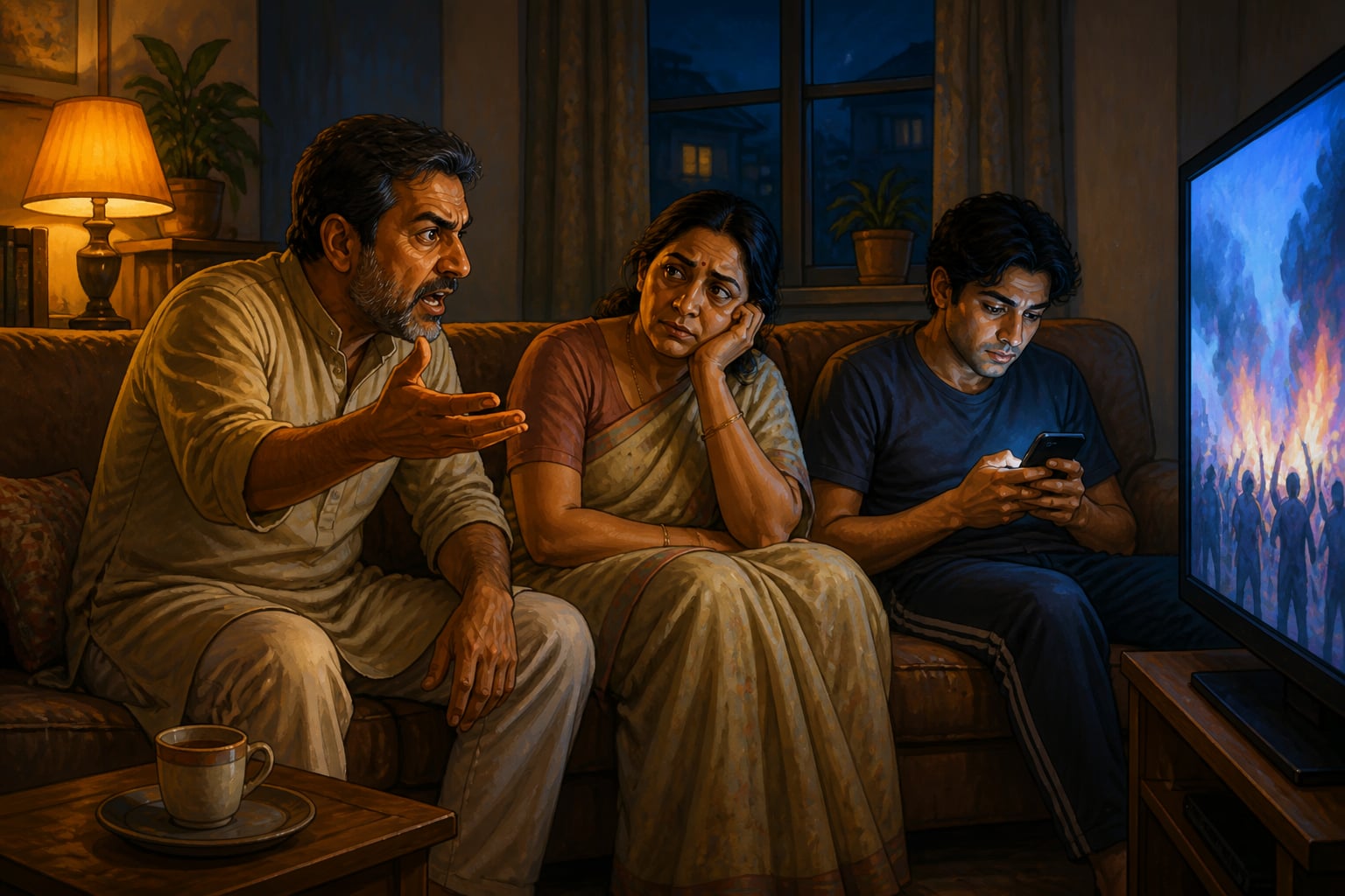 Indian family arguing in front of the panel