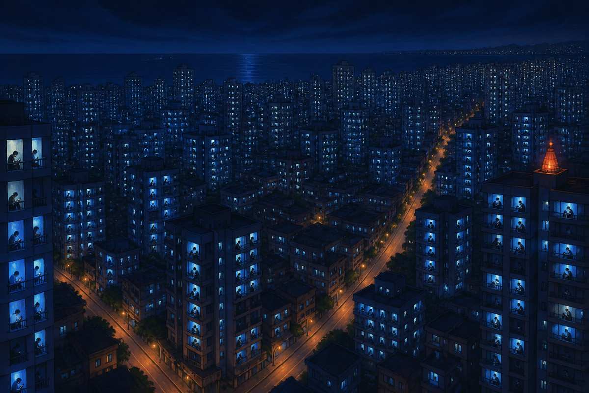 Mumbai skyline with phone-lit windows at midnight