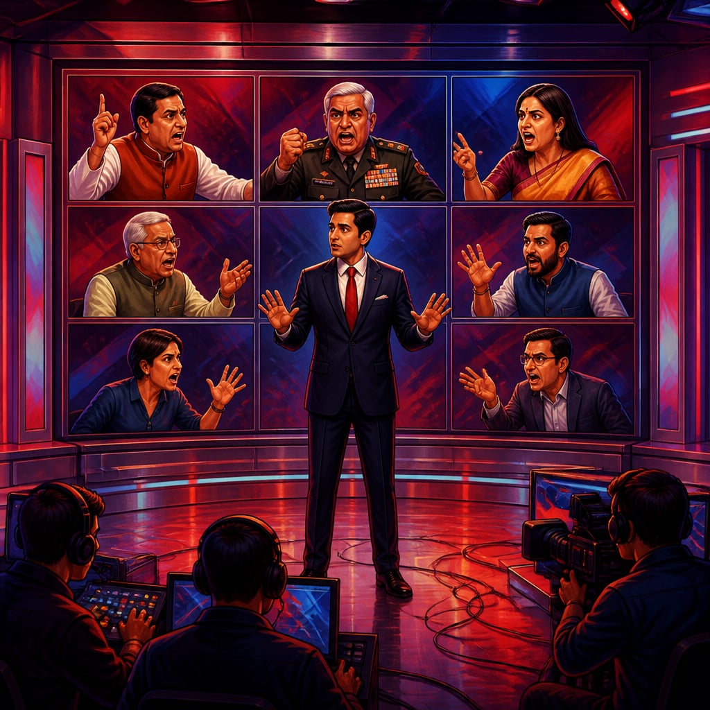 Mumbai TV news panel of seven shouting guests
