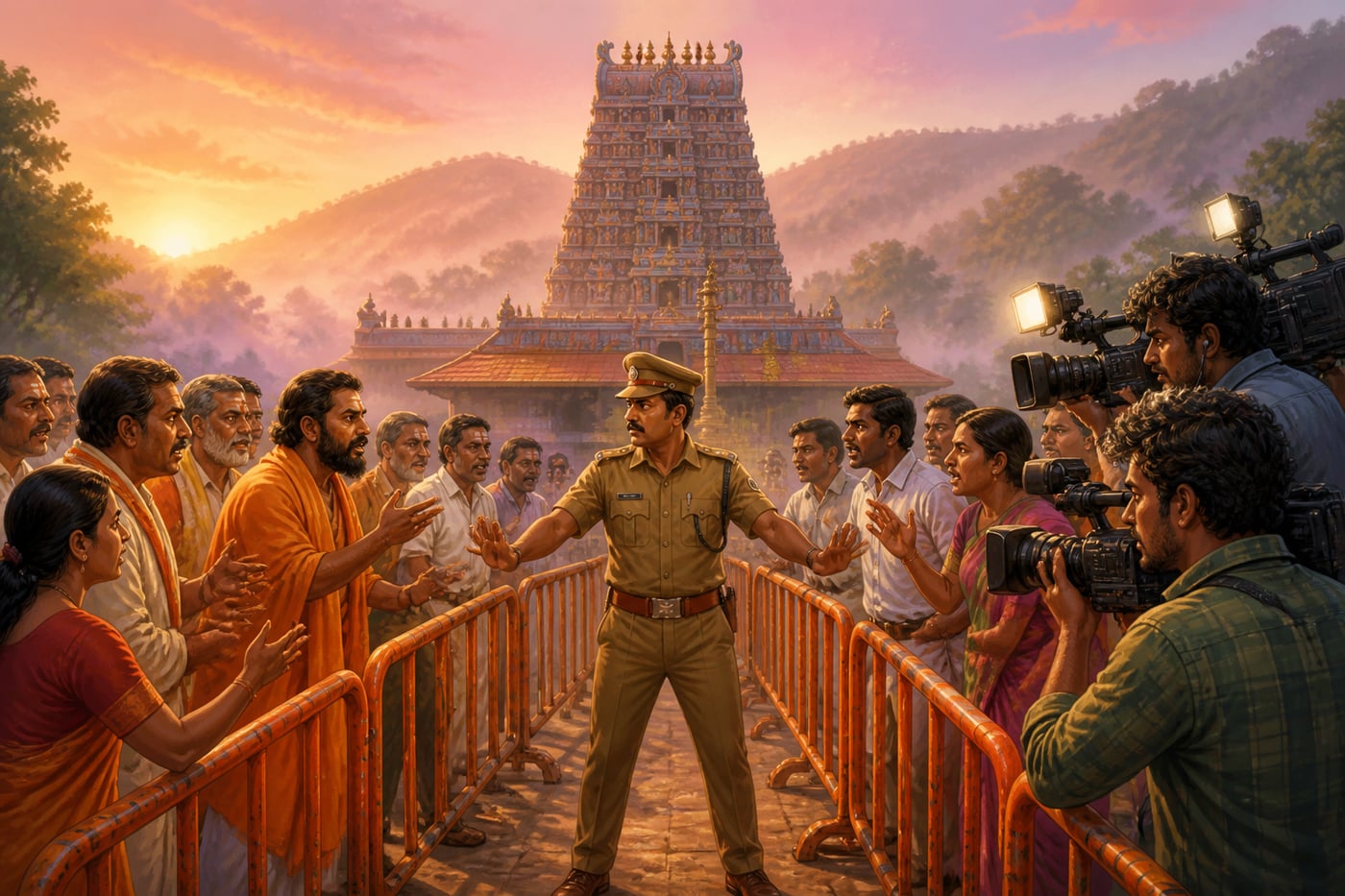 Sabarimala temple with police barricades in 2018