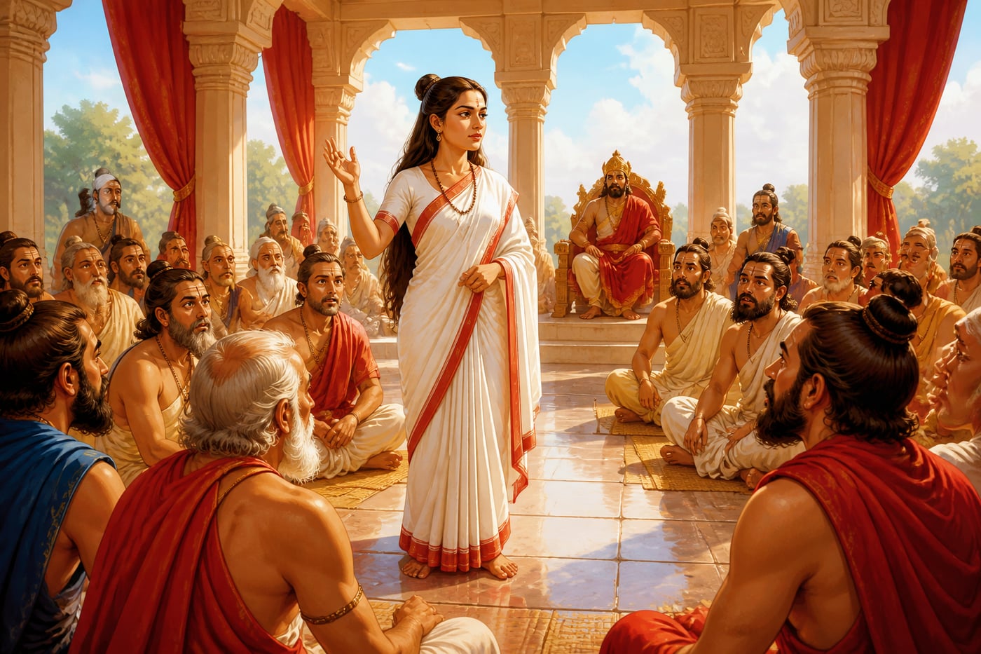 Gargi standing to question Yajnavalkya