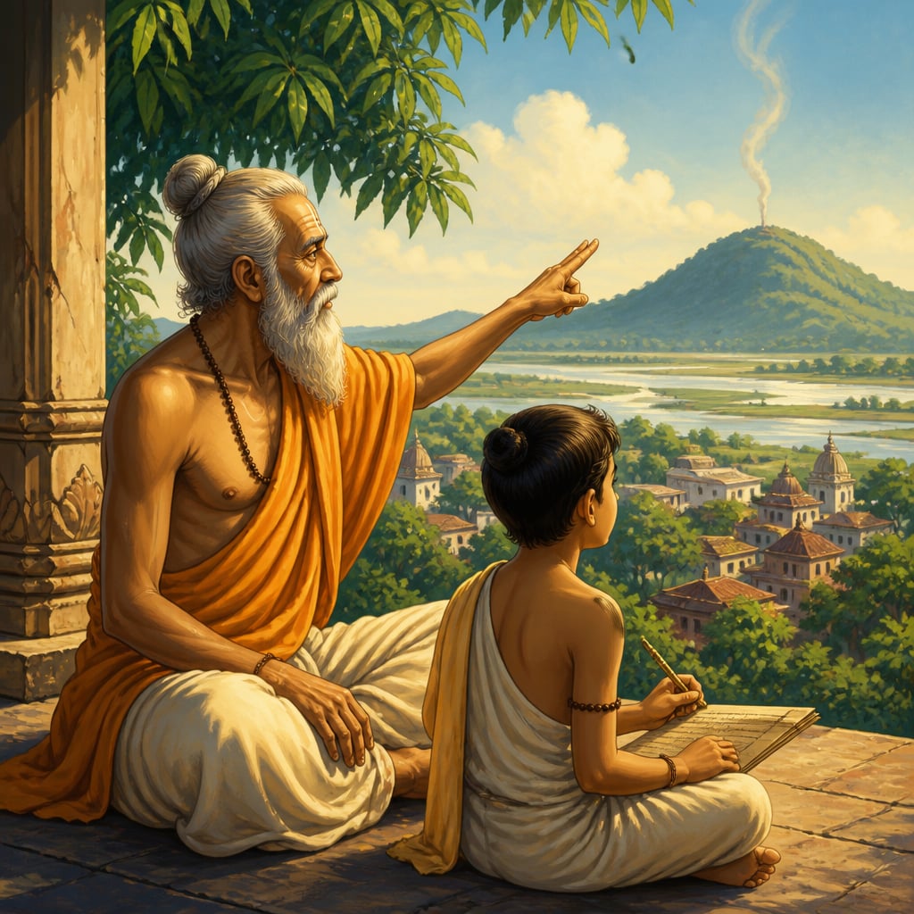Gangesha at a Mithila verandah pointing at smoke rising from a distant hill