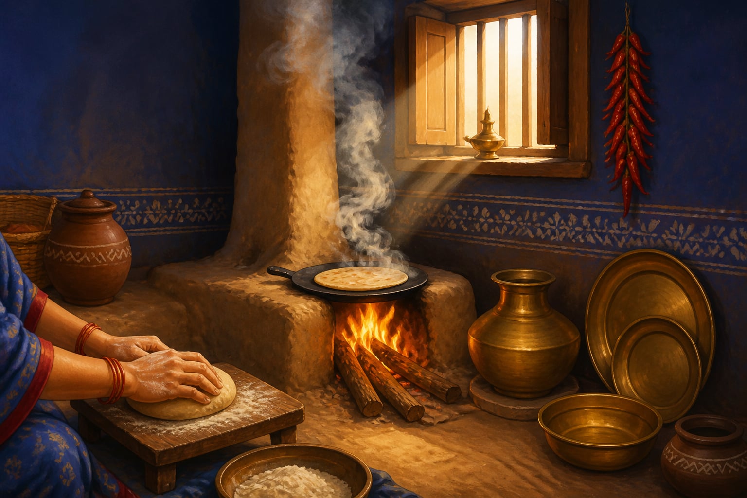 A humble Indian kitchen with smoke rising from the hearth fire