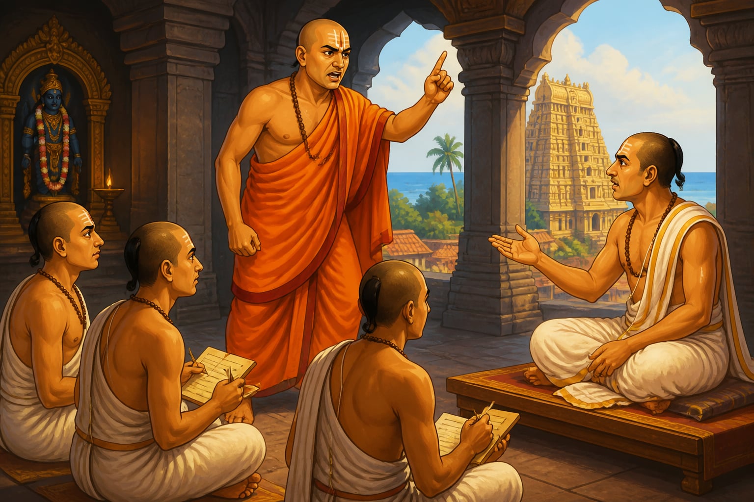 Madhvacharya debating in the Udupi temple sabha