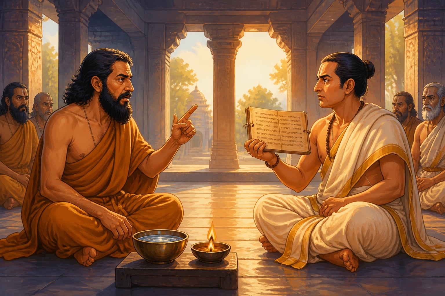 Charvaka and Nyaya scholars facing each other in an ancient sabha