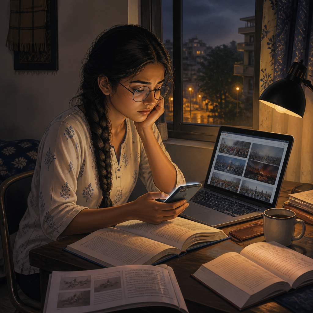 Meera at her Pune hostel desk reading a WhatsApp forward at night