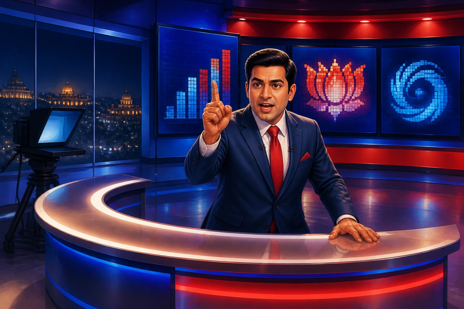 A 9 PM Indian news anchor in mid-pronouncement at the studio desk