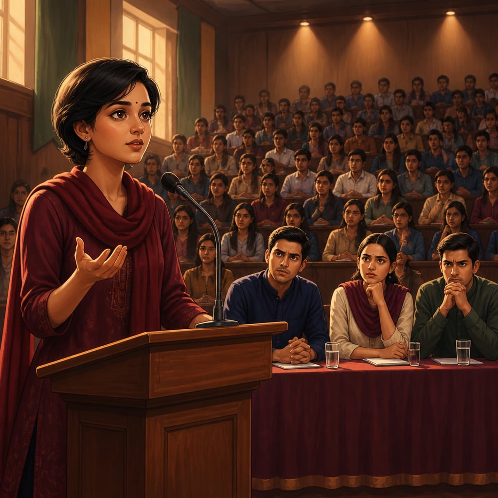 Aarti Menon at a college auditorium lectern asking a clarifying question