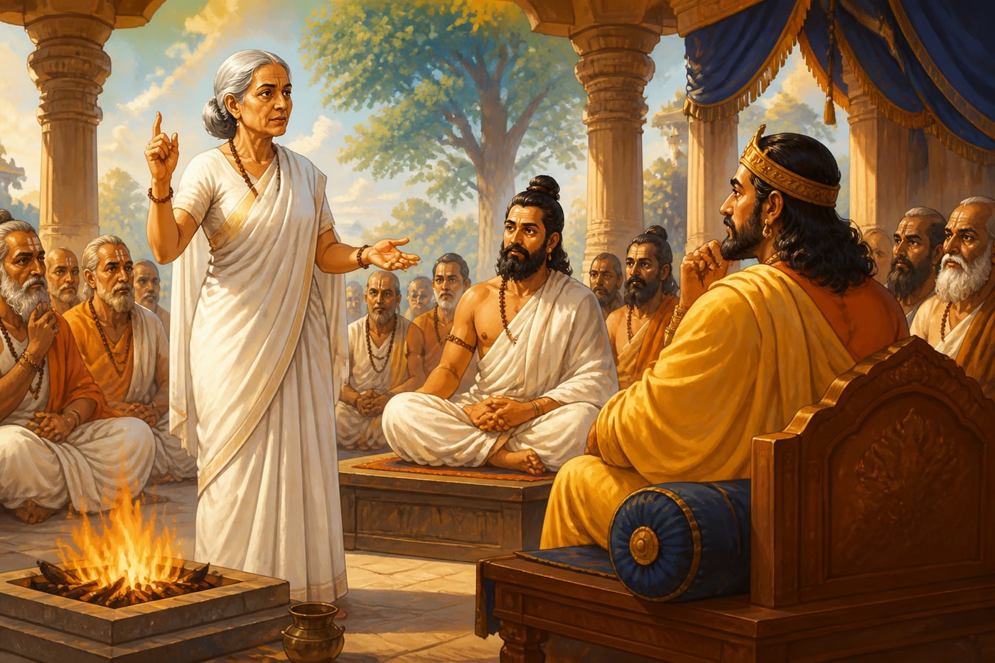 Gargi Vachaknavi questioning the scholars in King Janaka's court