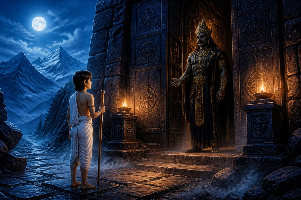 Young Nachiketa waiting at the threshold of Yama's mountain abode