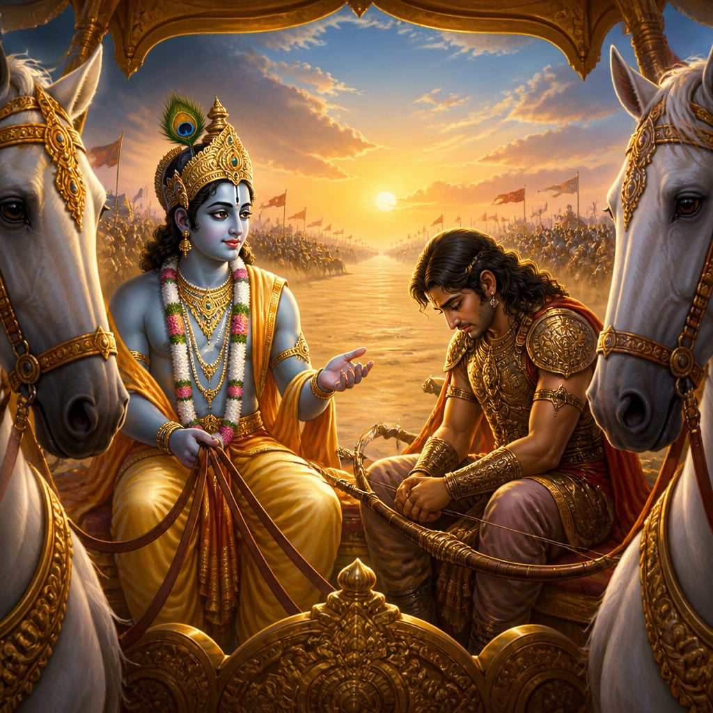 Krishna in his chariot reframing Arjuna's question at Kurukshetra dawn