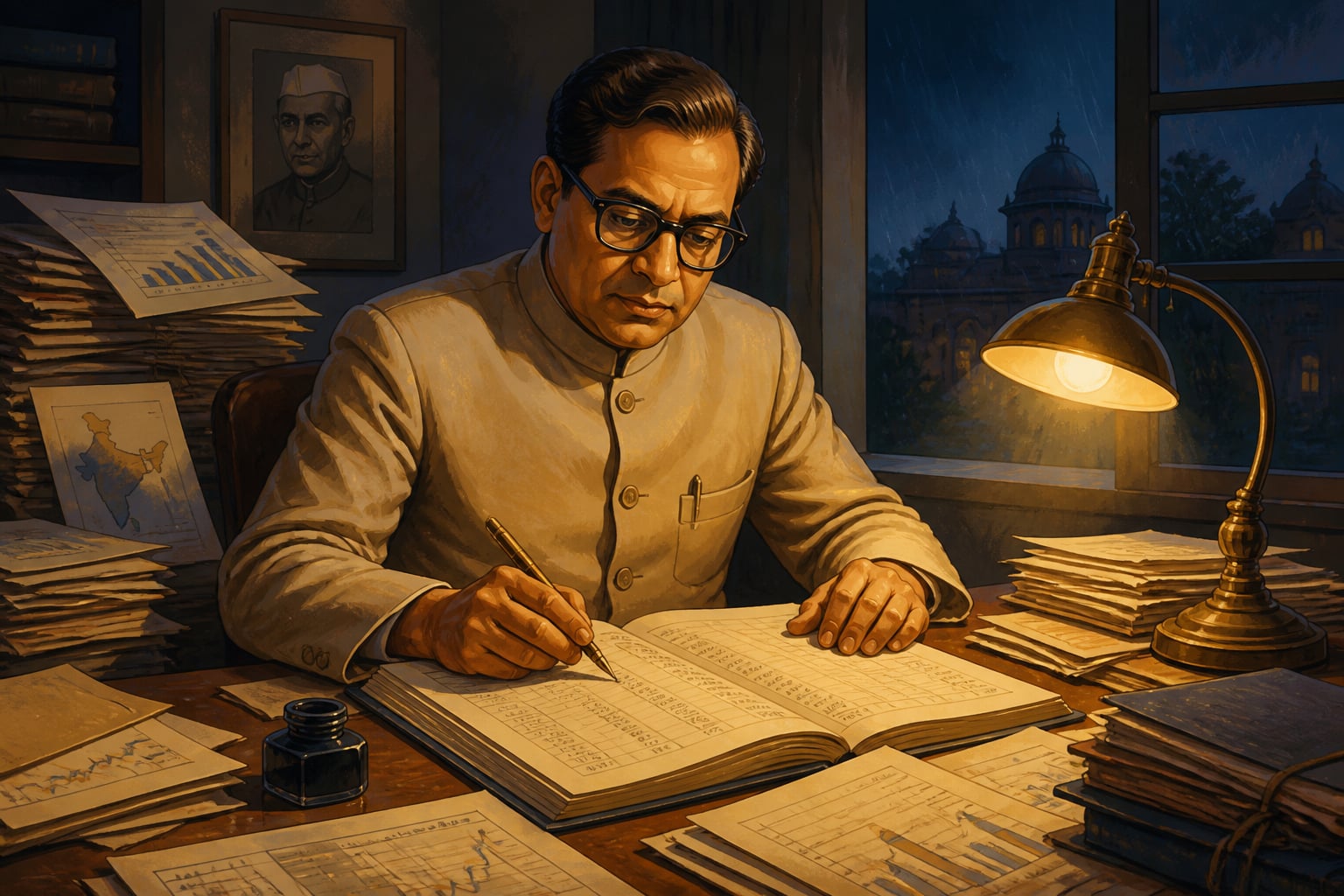 The economist Raj Krishna at his 1978 Delhi University desk coining a slur