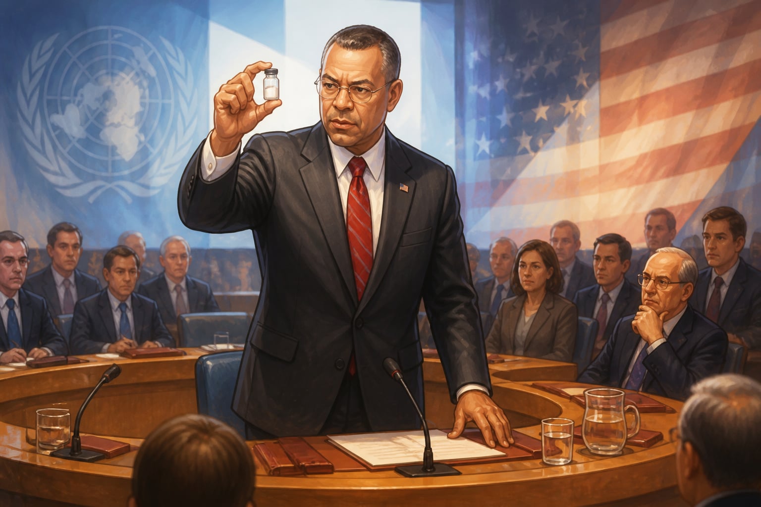 Colin Powell holding aloft a vial at the UN Security Council in 2003