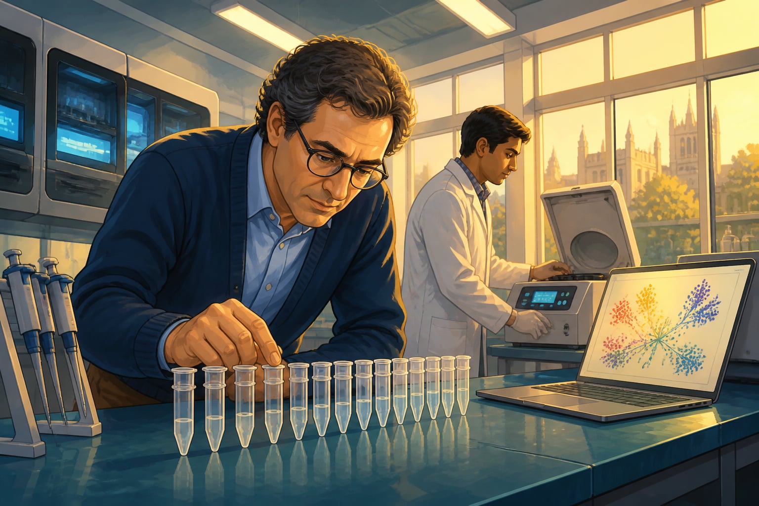 David Reich examining ancient DNA tubes in his Harvard laboratory
