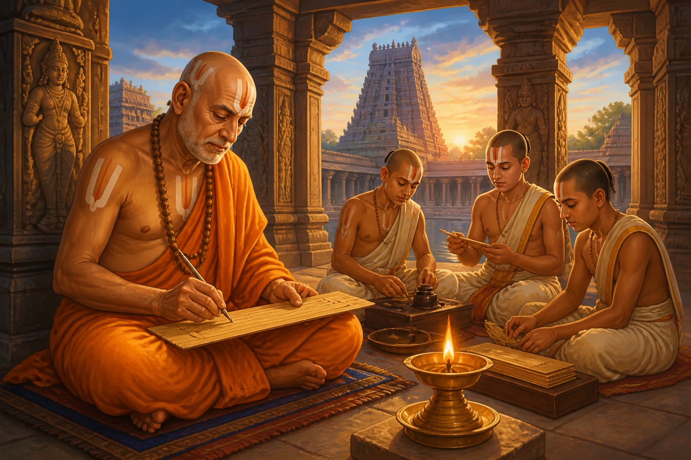 Ramanuja writing the Sri Bhashya at the Srirangam temple mandapa