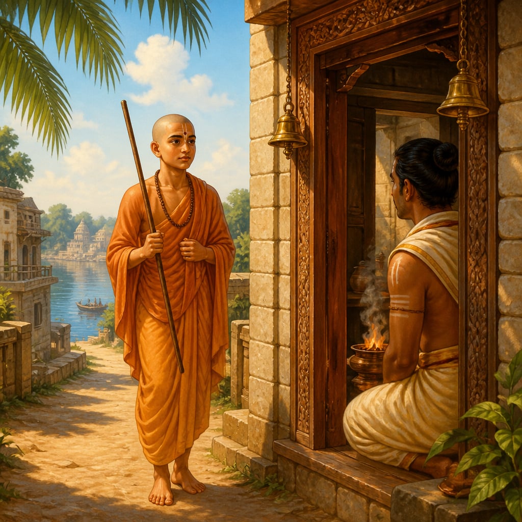 Adi Shankara arriving at Mandana Mishra's door in Mahishmati