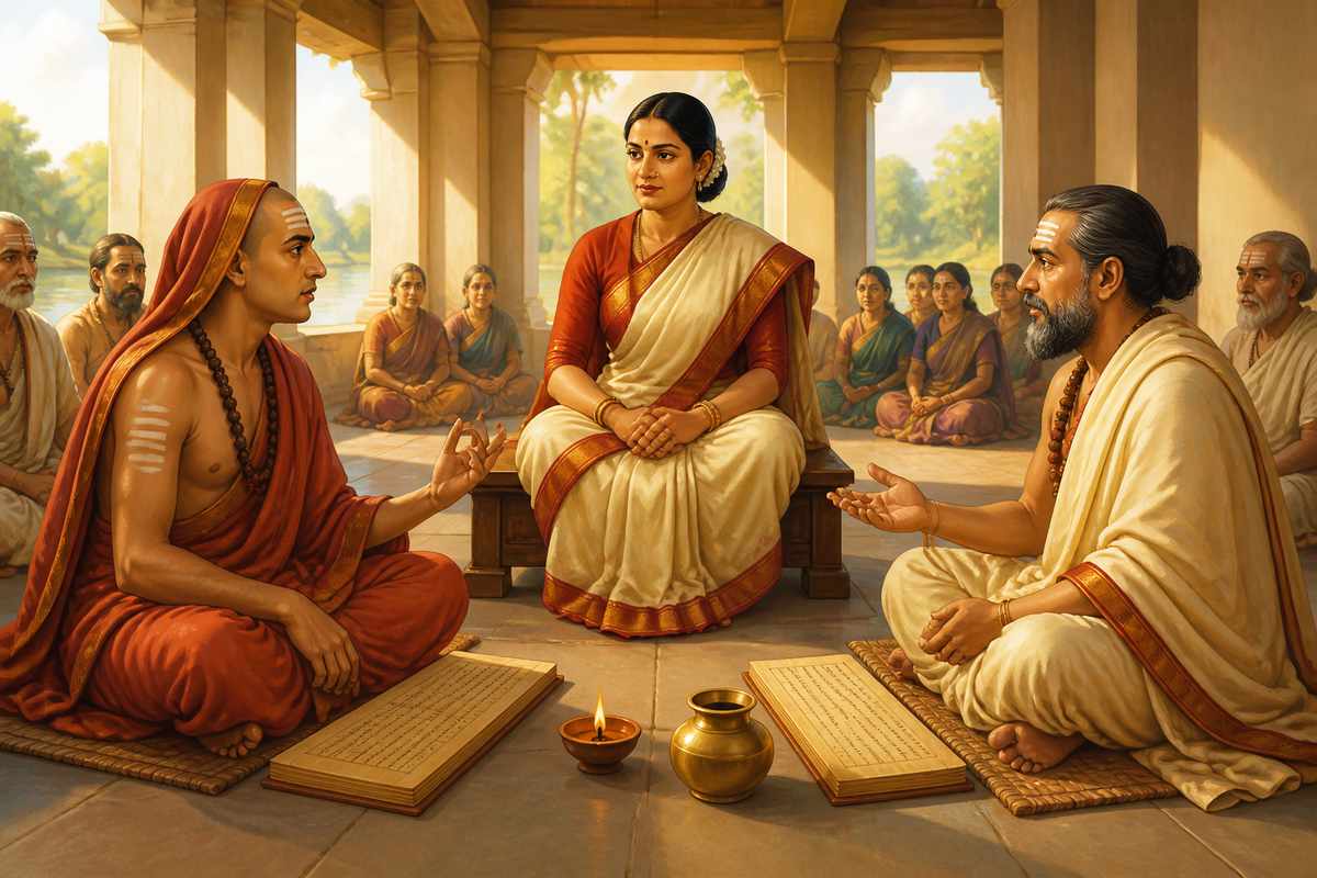 Ubhaya Bharati judging the debate between Shankara and Mandana Mishra