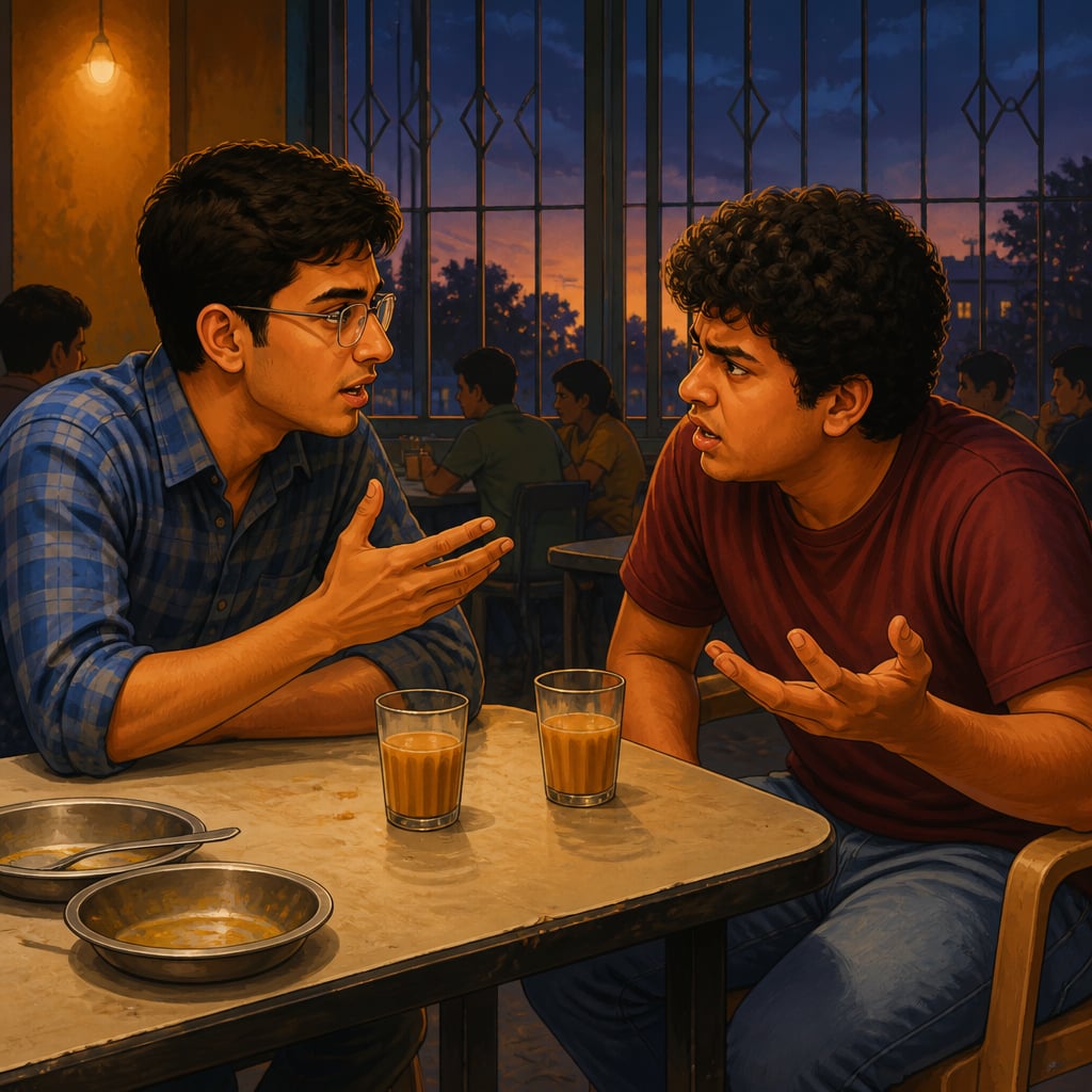 Two engineering students arguing over chai at a Hyderabad canteen