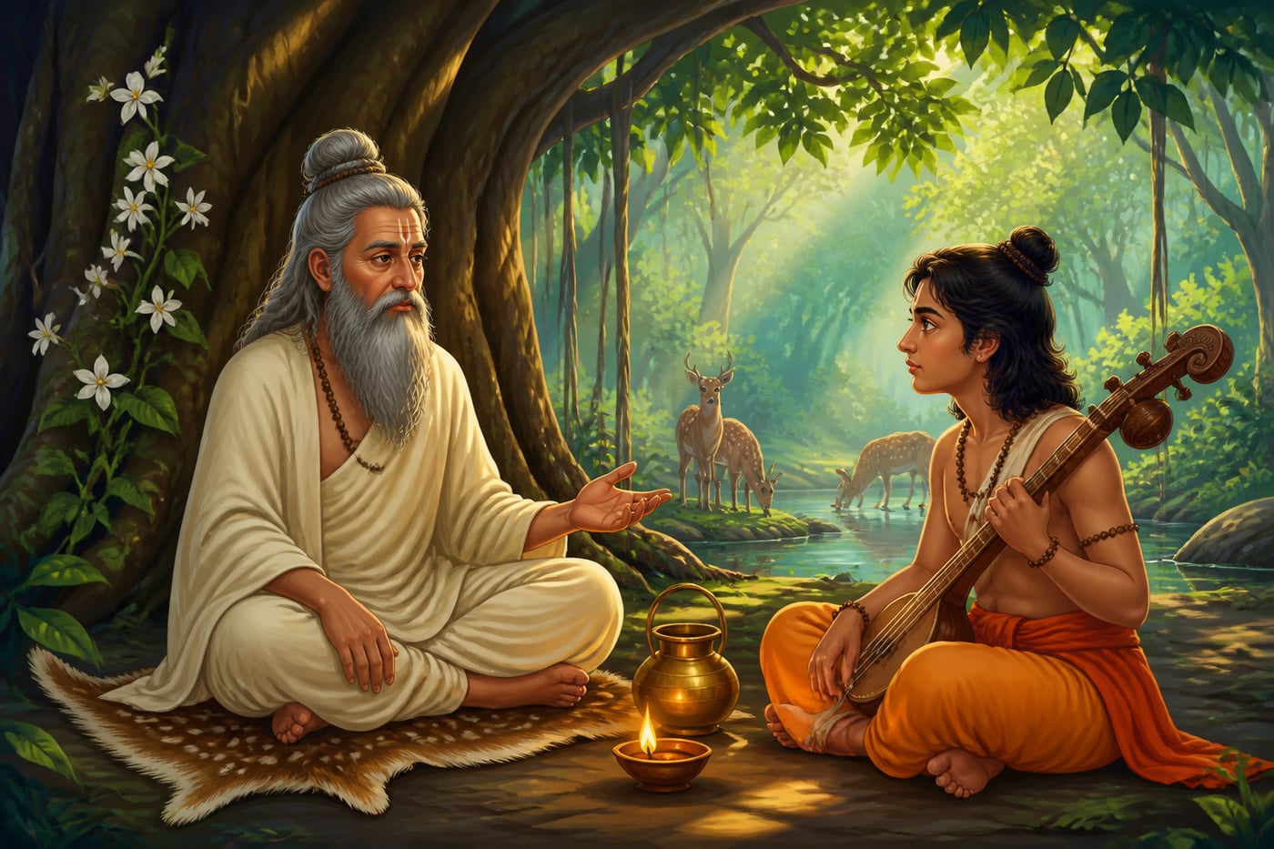 Sanatkumara teaching young Narada under a banyan in a forest hermitage