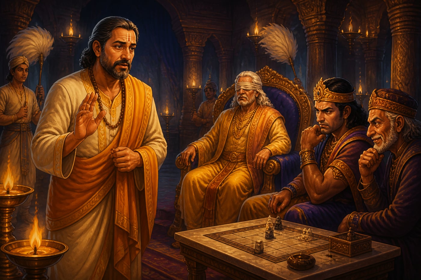 Vidura warning blind King Dhritarashtra before the dice game