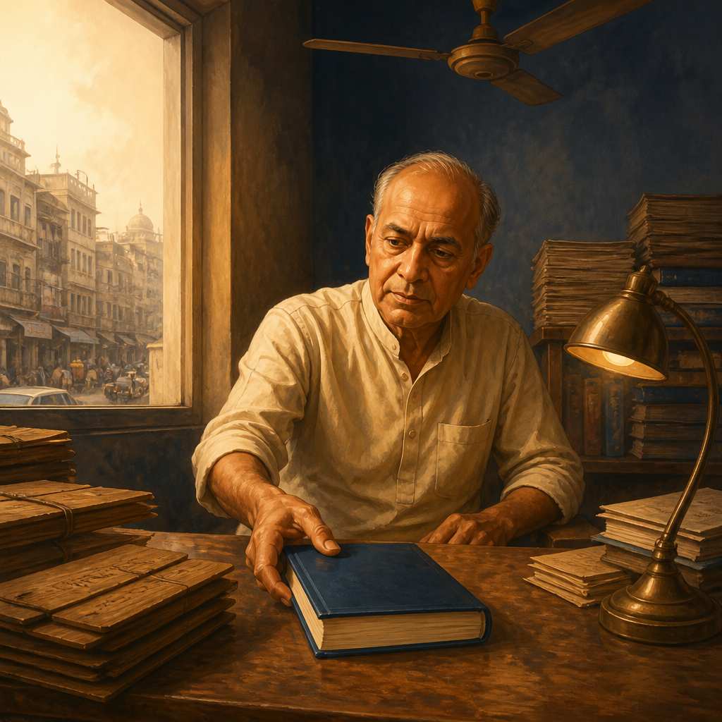 Sita Ram Goel at his desk in a Delhi office, 1981, closing a Western academic book