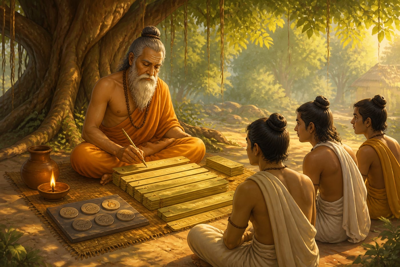Patanjali composing the Yoga Sutras under a banyan tree