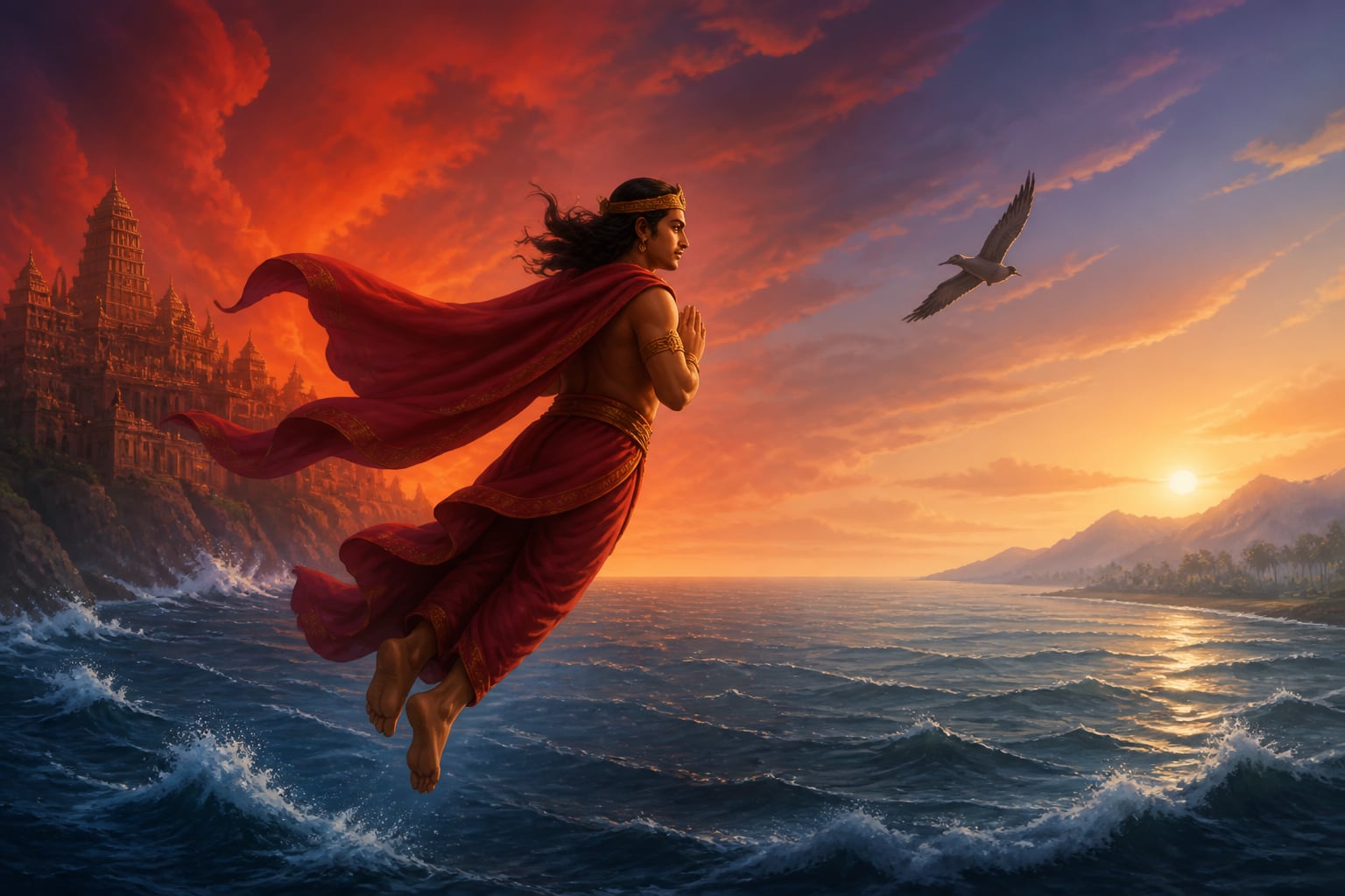 Vibhishana flying across the strait to the Indian mainland