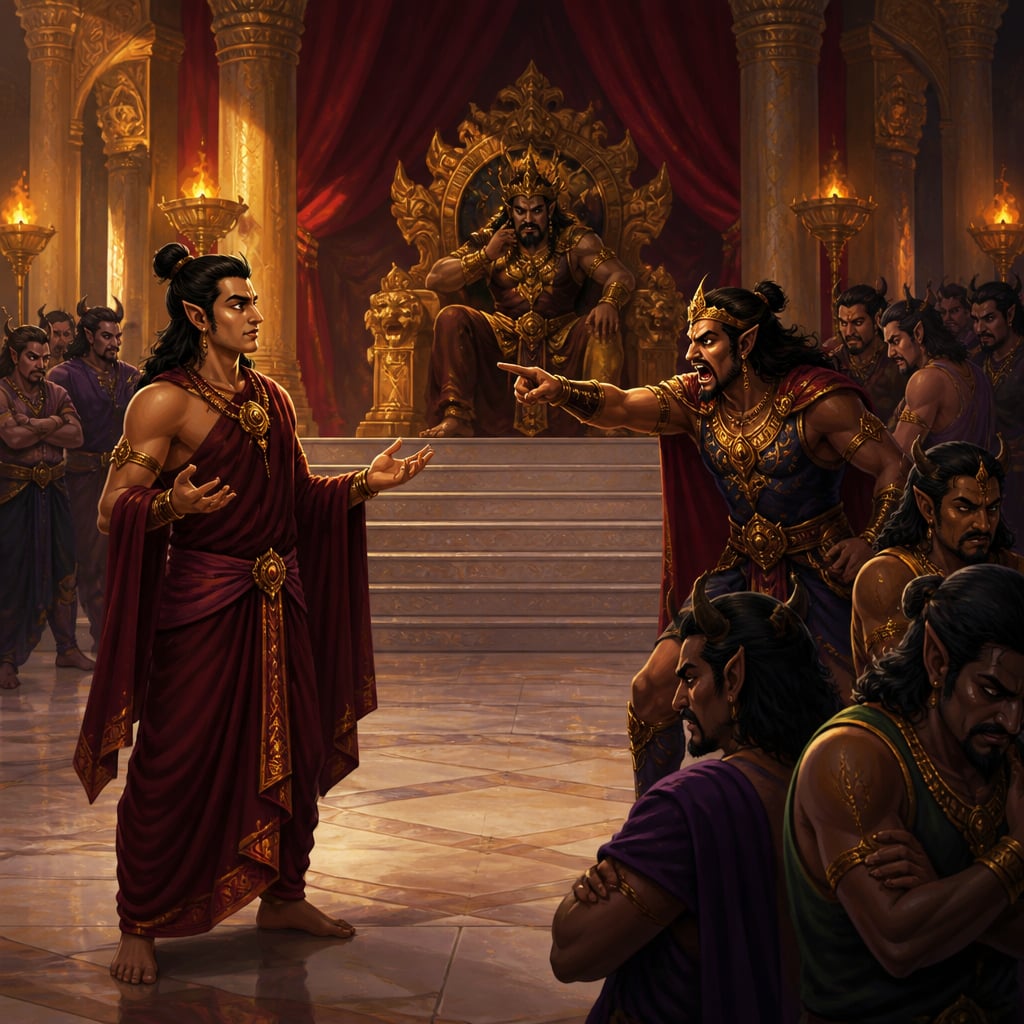 Vibhishana standing in the Lanka court being shouted down by Indrajit