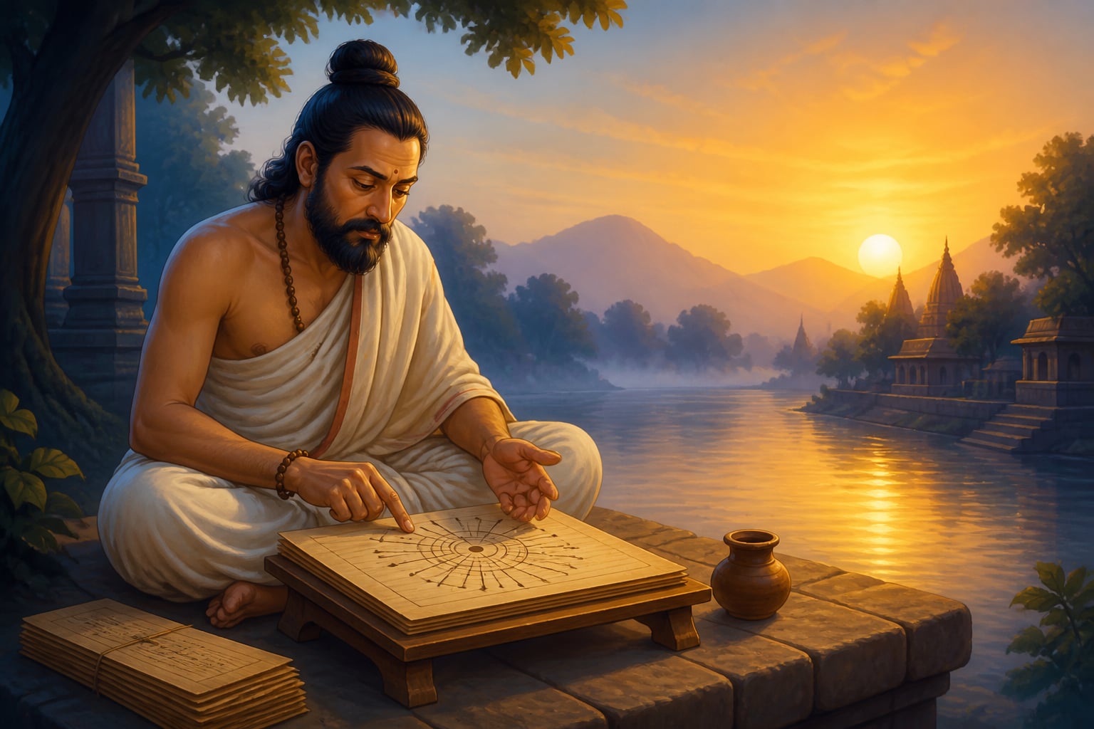 Bhartrihari composing the Vakyapadiya by a sacred river